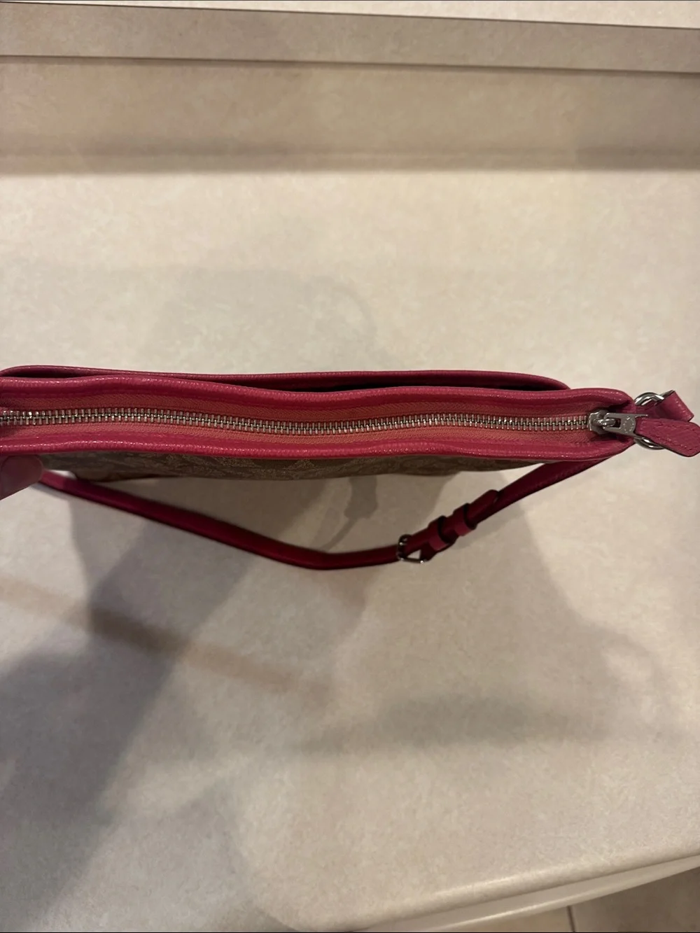 Coach Brown Signature Crossbody with Pink Trim and Strap